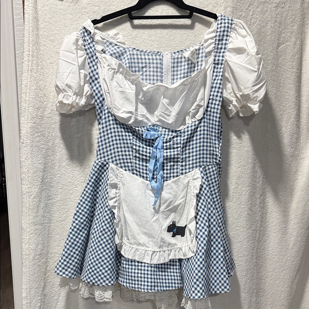 Vintage Dorothy Blue Gingham Peasant Dress with White Apron w/Toto